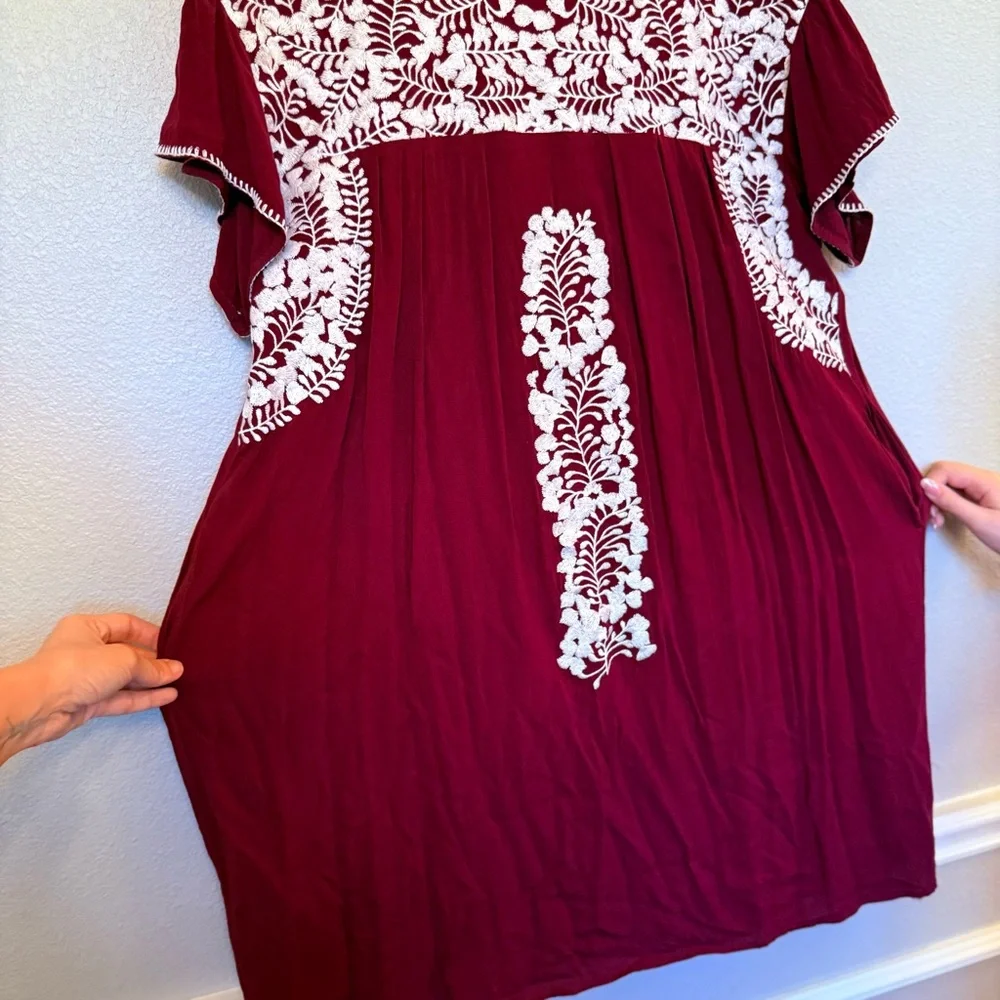 Maroon and White Puebla Embroidered Dress - Picture 2 of 4